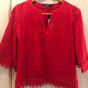 Polyester and Linen Trim quarter sleeve top